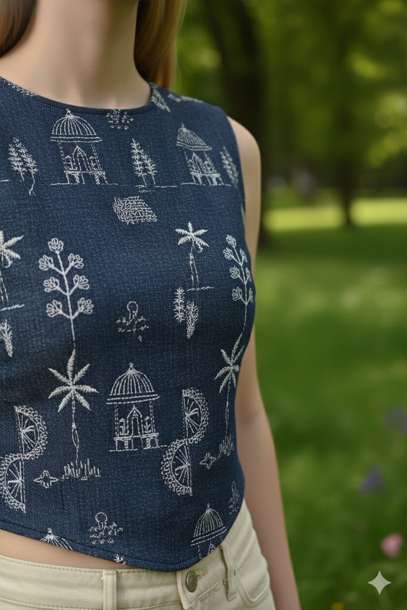 Myshka Women Blue Cotton Embroidered Sleeveless Top | Grocsy