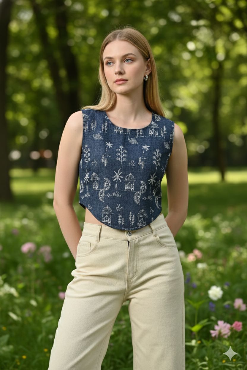 Myshka Women Blue Cotton Embroidered Sleeveless Top | Grocsy
