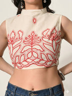 Myshka Women Off White Thread Embroidered Halter Neck Saree Blouse | Grocsy