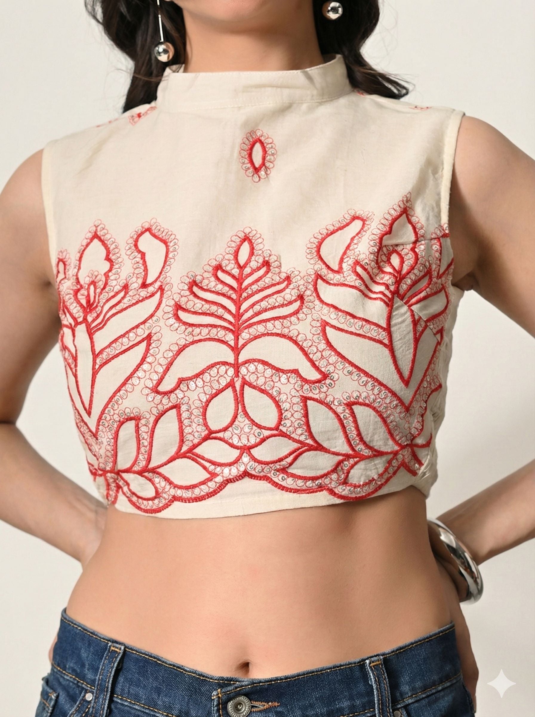 Myshka Women Off White Thread Embroidered Halter Neck Saree Blouse | Grocsy