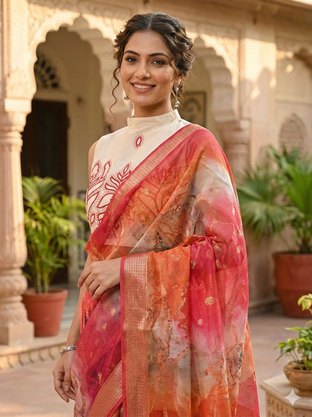 Myshka Women Off White Thread Embroidered Halter Neck Saree Blouse | Grocsy