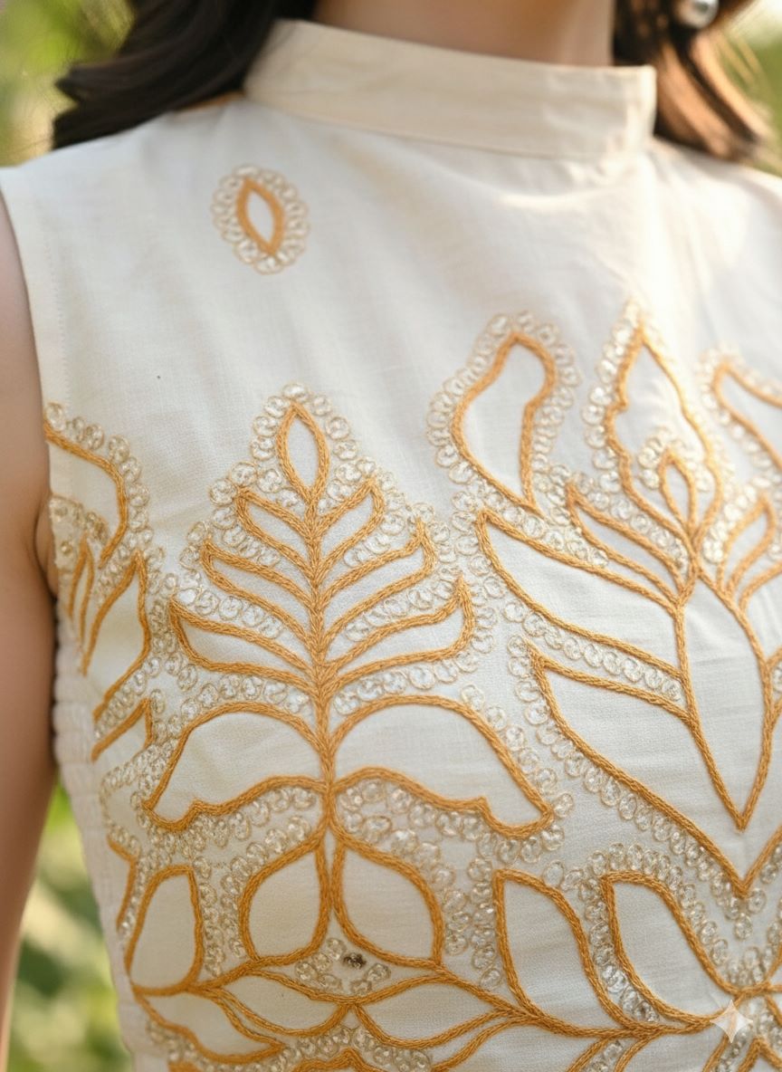 Myshka Women Off White Thread Embroidered Halter Neck Saree Blouse | Grocsy