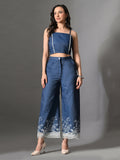 Myshka Women Blue Embellished Crop Top and Laced Trouser Co-ord Set | Grocsy
