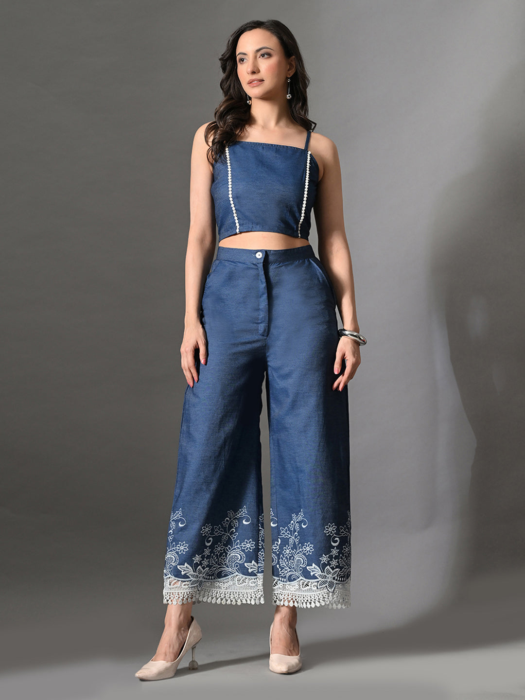 Myshka Women Blue Embellished Crop Top and Laced Trouser Co-ord Set | Grocsy