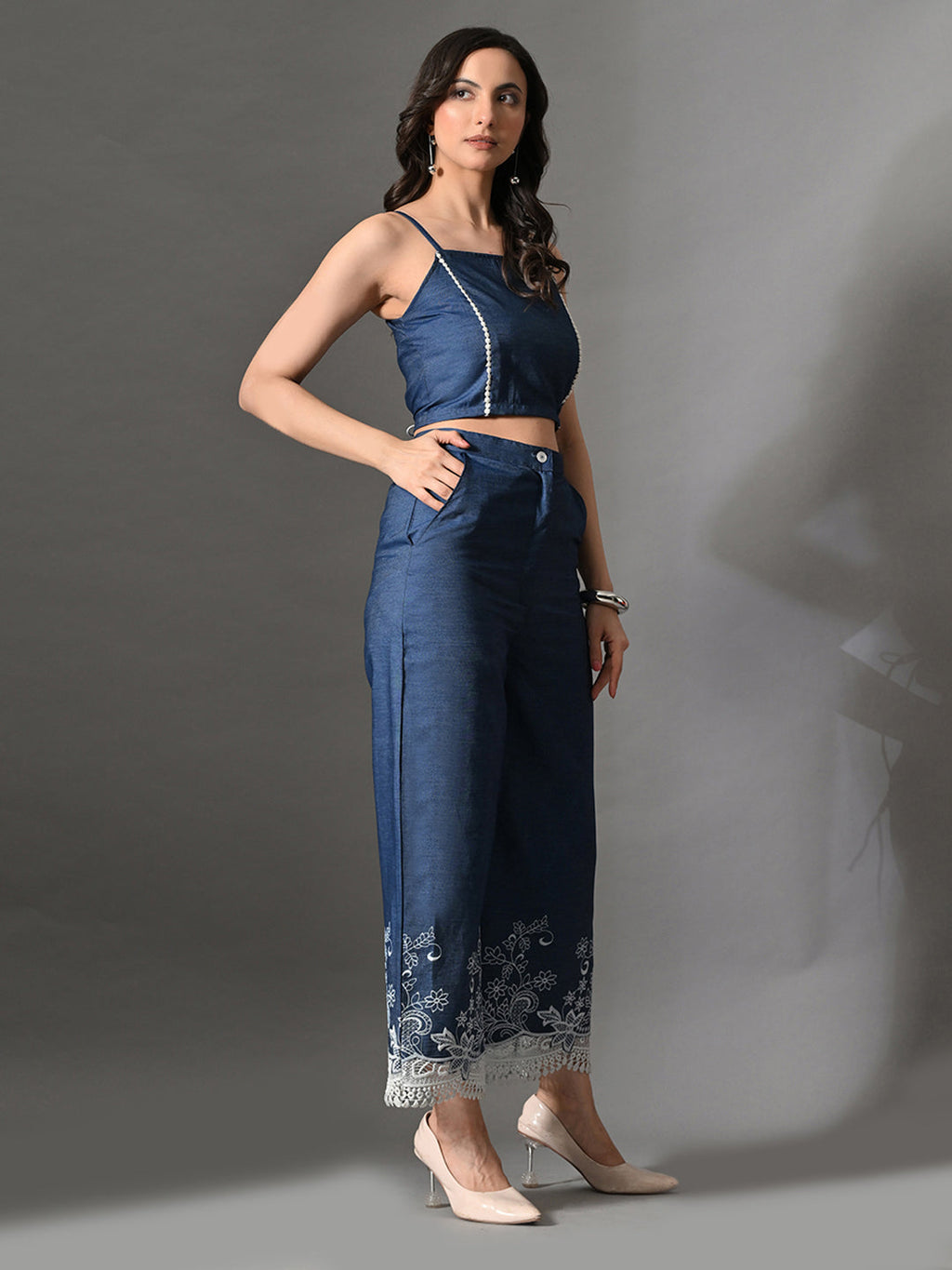 Myshka Women Blue Embellished Crop Top and Laced Trouser Co-ord Set | Grocsy