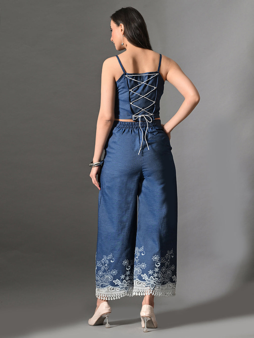 Myshka Women Blue Embellished Crop Top and Laced Trouser Co-ord Set | Grocsy
