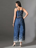 Myshka Women Blue Embellished Crop Top and Laced Trouser Co-ord Set | Grocsy