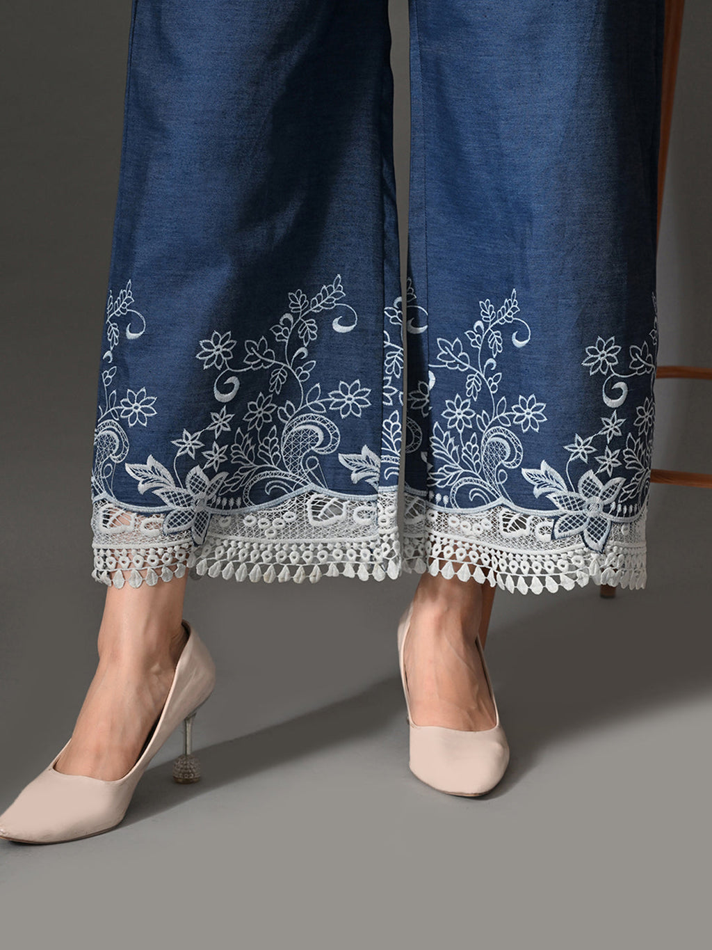 Myshka Women Blue Embellished Crop Top and Laced Trouser Co-ord Set | Grocsy