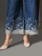 Myshka Women Blue Embellished Crop Top and Laced Trouser Co-ord Set | Grocsy
