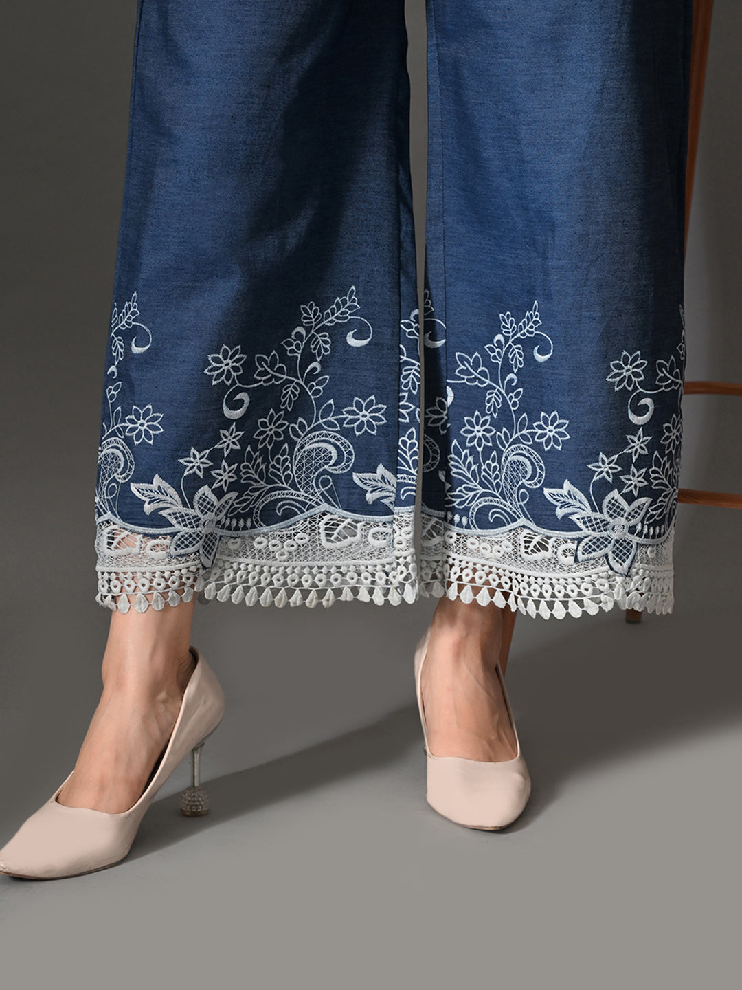 Myshka Women Blue Embellished Crop Top and Laced Trouser Co-ord Set | Grocsy