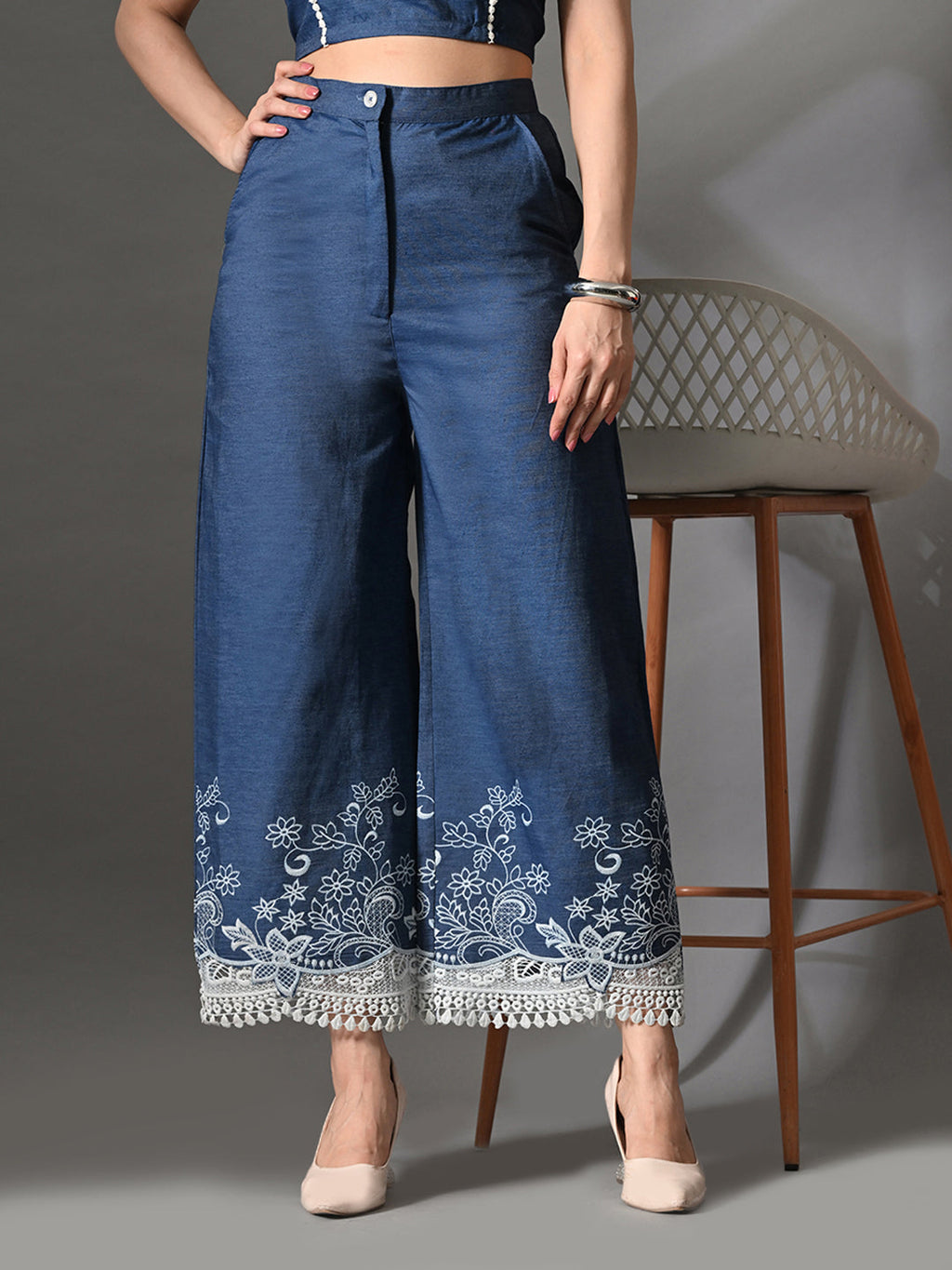 Myshka Women Blue Embellished Crop Top and Laced Trouser Co-ord Set | Grocsy