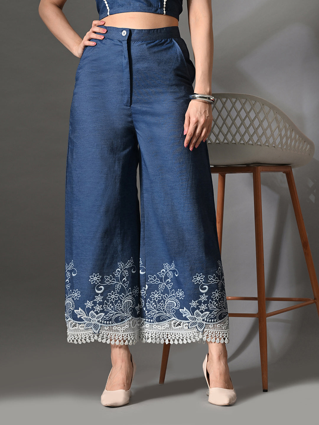 Myshka Women Blue Embellished Crop Top and Laced Trouser Co-ord Set | Grocsy