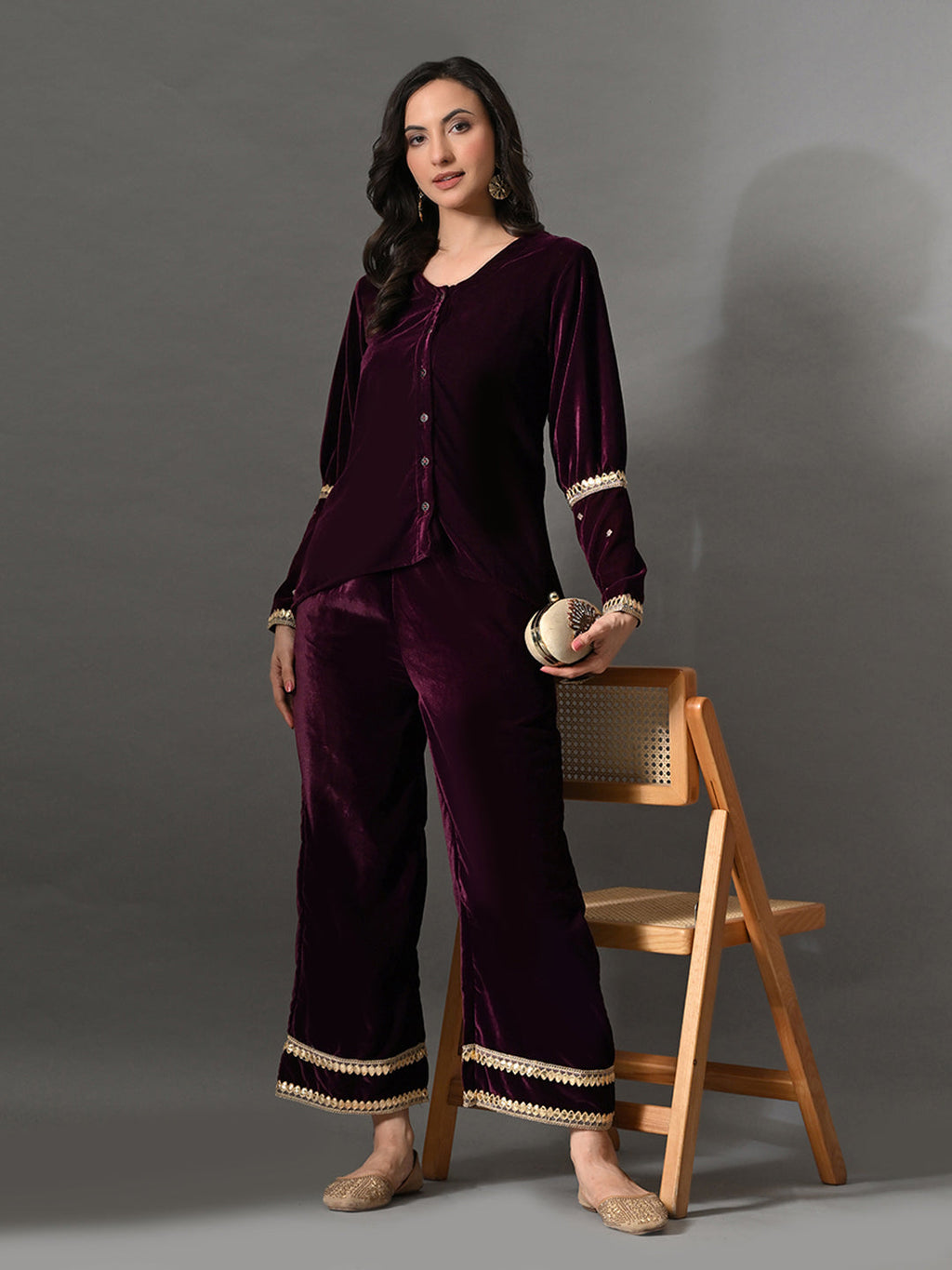 Myshka Women Wine Velvet Shirt Embroidered Full Sleeves with Flared Trouser Co-ord Set | Grocsy