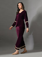 Myshka Women Wine Velvet Shirt Embroidered Full Sleeves with Flared Trouser Co-ord Set | Grocsy