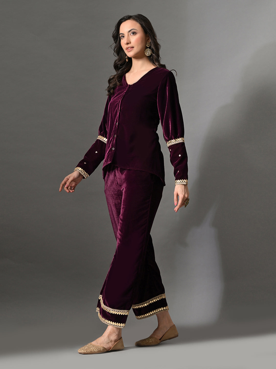 Myshka Women Wine Velvet Shirt Embroidered Full Sleeves with Flared Trouser Co-ord Set | Grocsy