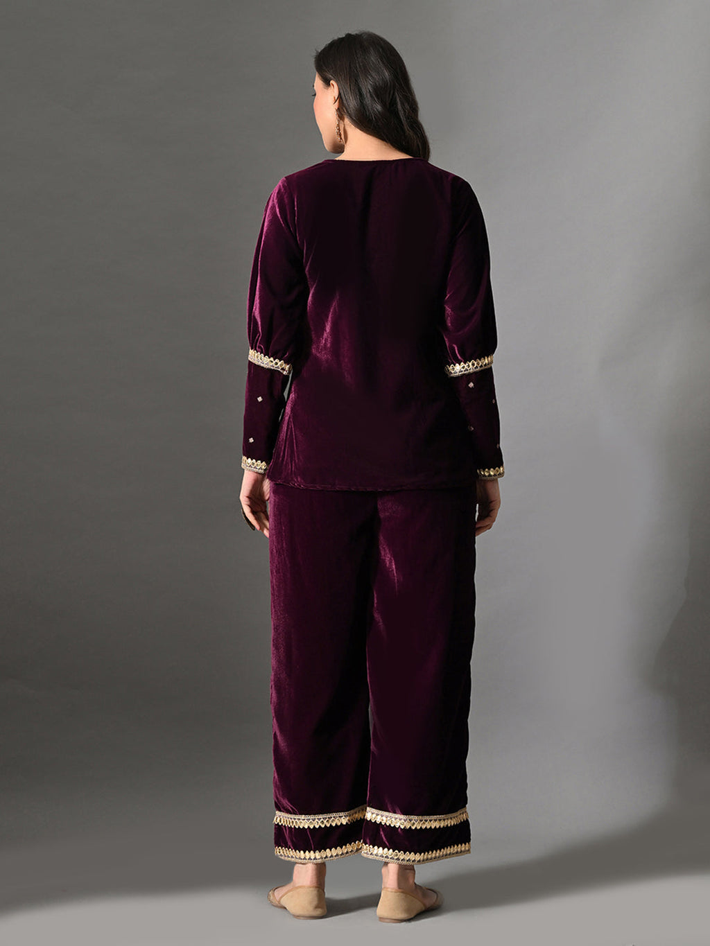 Myshka Women Wine Velvet Shirt Embroidered Full Sleeves with Flared Trouser Co-ord Set | Grocsy