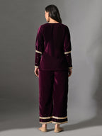 Myshka Women Wine Velvet Shirt Embroidered Full Sleeves with Flared Trouser Co-ord Set | Grocsy