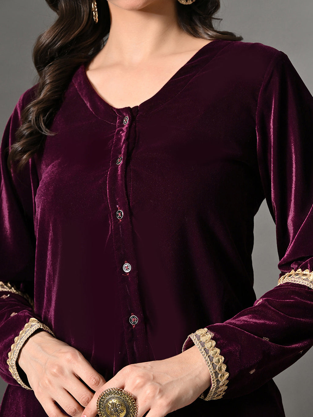 Myshka Women Wine Velvet Shirt Embroidered Full Sleeves with Flared Trouser Co-ord Set | Grocsy