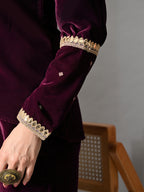 Myshka Women Wine Velvet Shirt Embroidered Full Sleeves with Flared Trouser Co-ord Set | Grocsy