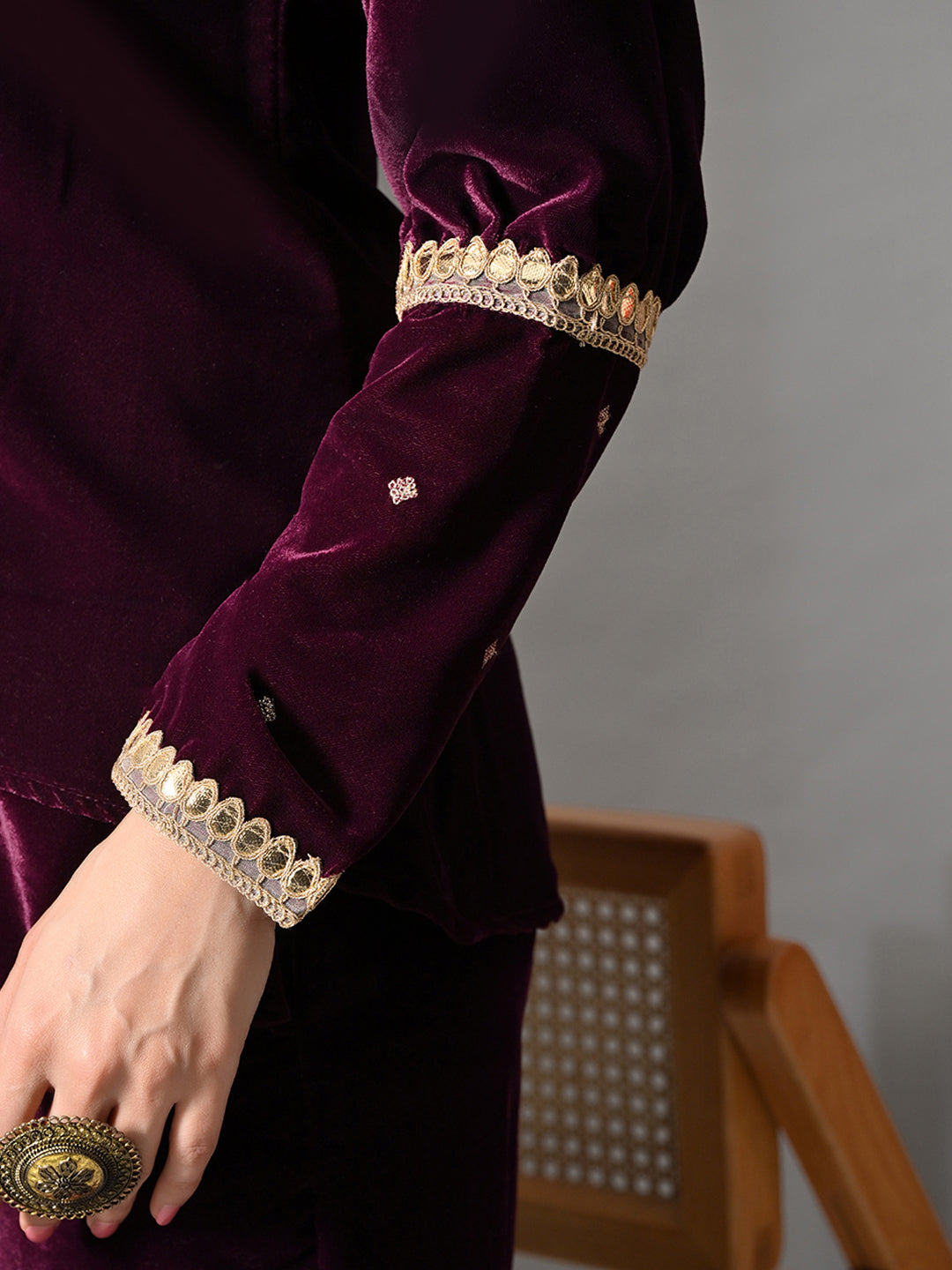 Myshka Women Wine Velvet Shirt Embroidered Full Sleeves with Flared Trouser Co-ord Set | Grocsy