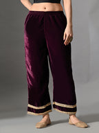 Myshka Women Wine Velvet Shirt Embroidered Full Sleeves with Flared Trouser Co-ord Set | Grocsy