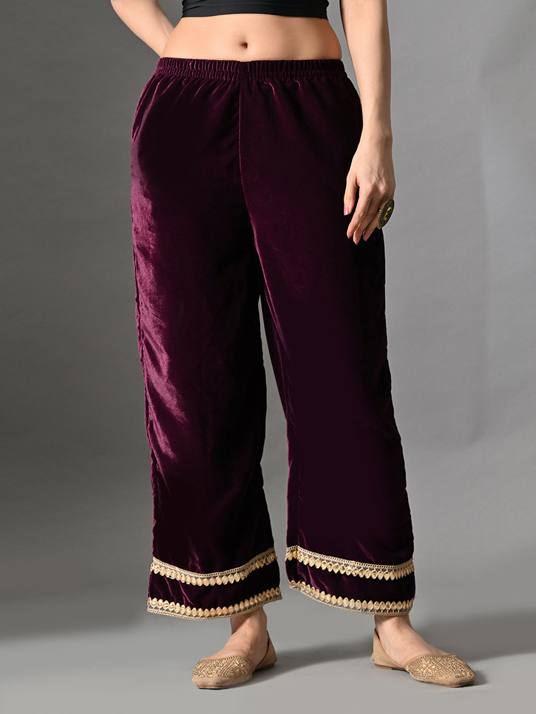 Myshka Women Wine Velvet Shirt Embroidered Full Sleeves with Flared Trouser Co-ord Set | Grocsy