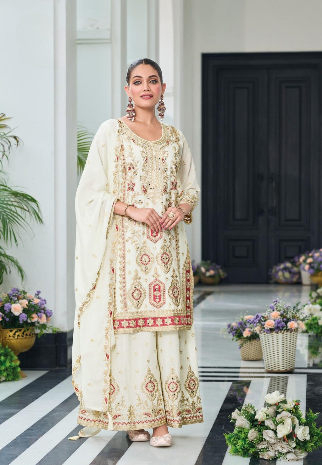 Anaita Off White Heavy Chinon With Embroidery Readymade Sharara Suit | Grocsy