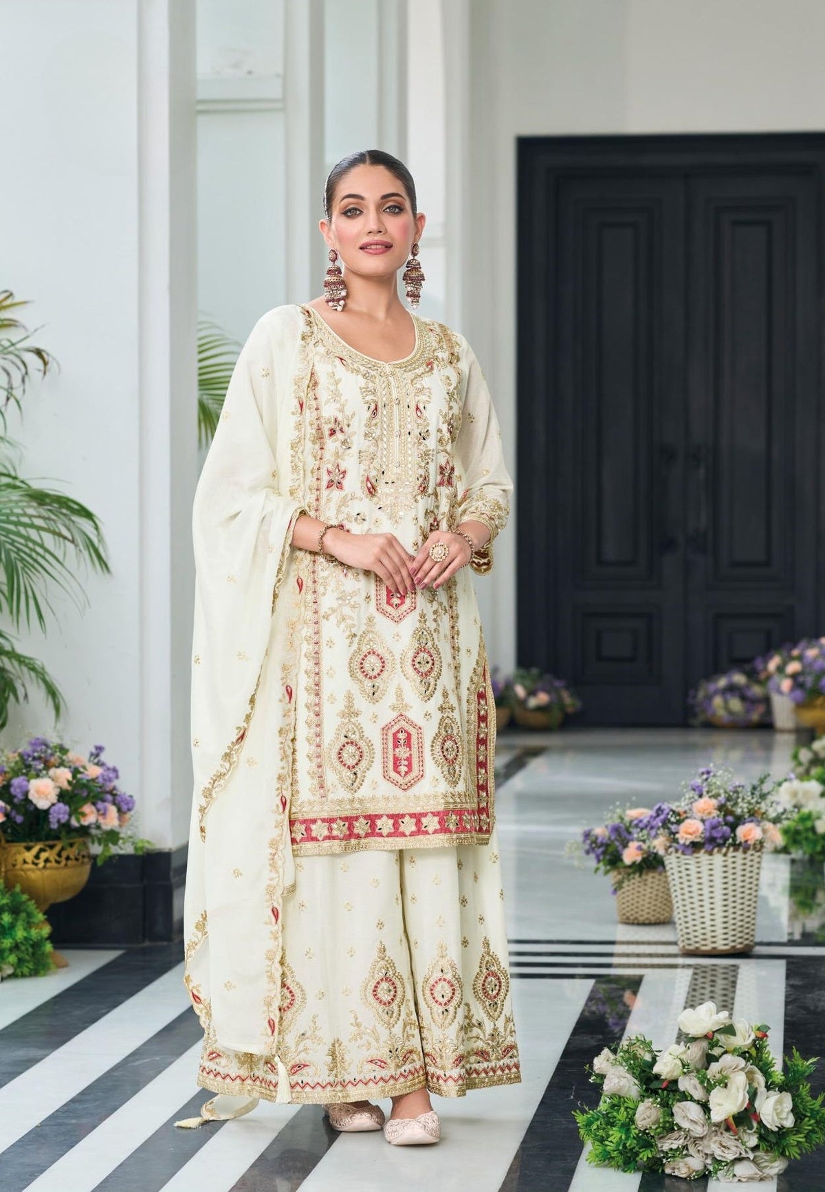 Anaita Off White Heavy Chinon With Embroidery Readymade Sharara Suit | Grocsy
