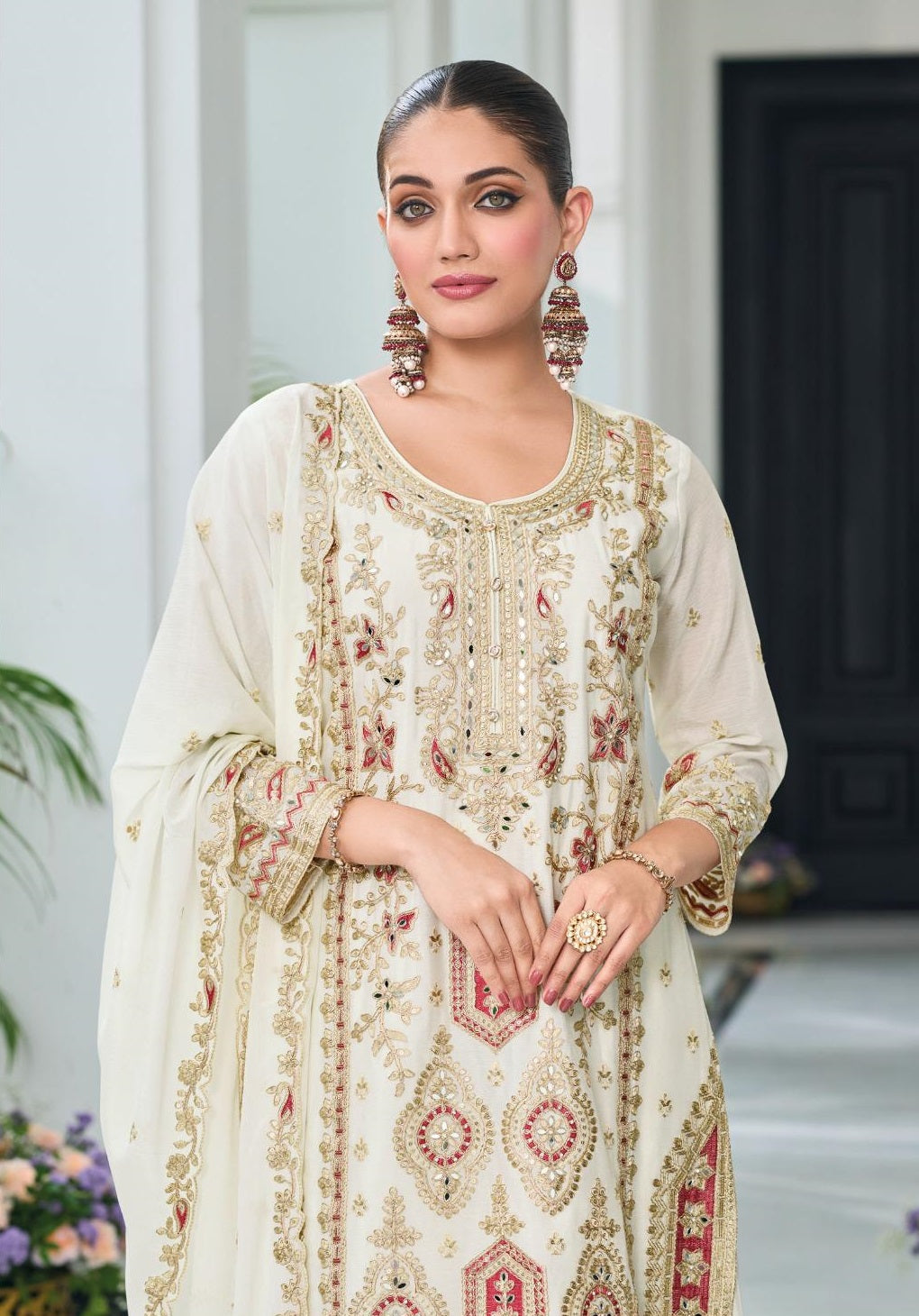 Anaita Off White Heavy Chinon With Embroidery Readymade Sharara Suit | Grocsy