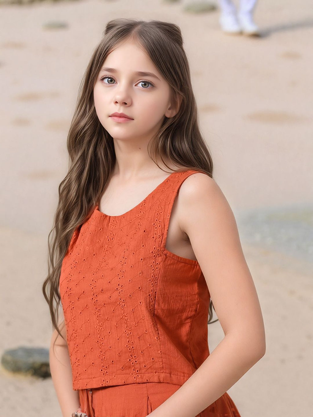 Myshka Girls Rust Pure Cotton Sleeveless Schiffli Top and Flared Skirt | Grocsy