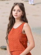 Myshka Girls Rust Pure Cotton Sleeveless Schiffli Top and Flared Skirt | Grocsy