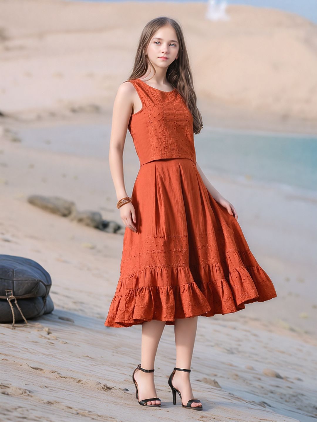 Myshka Girls Rust Pure Cotton Sleeveless Schiffli Top and Flared Skirt | Grocsy