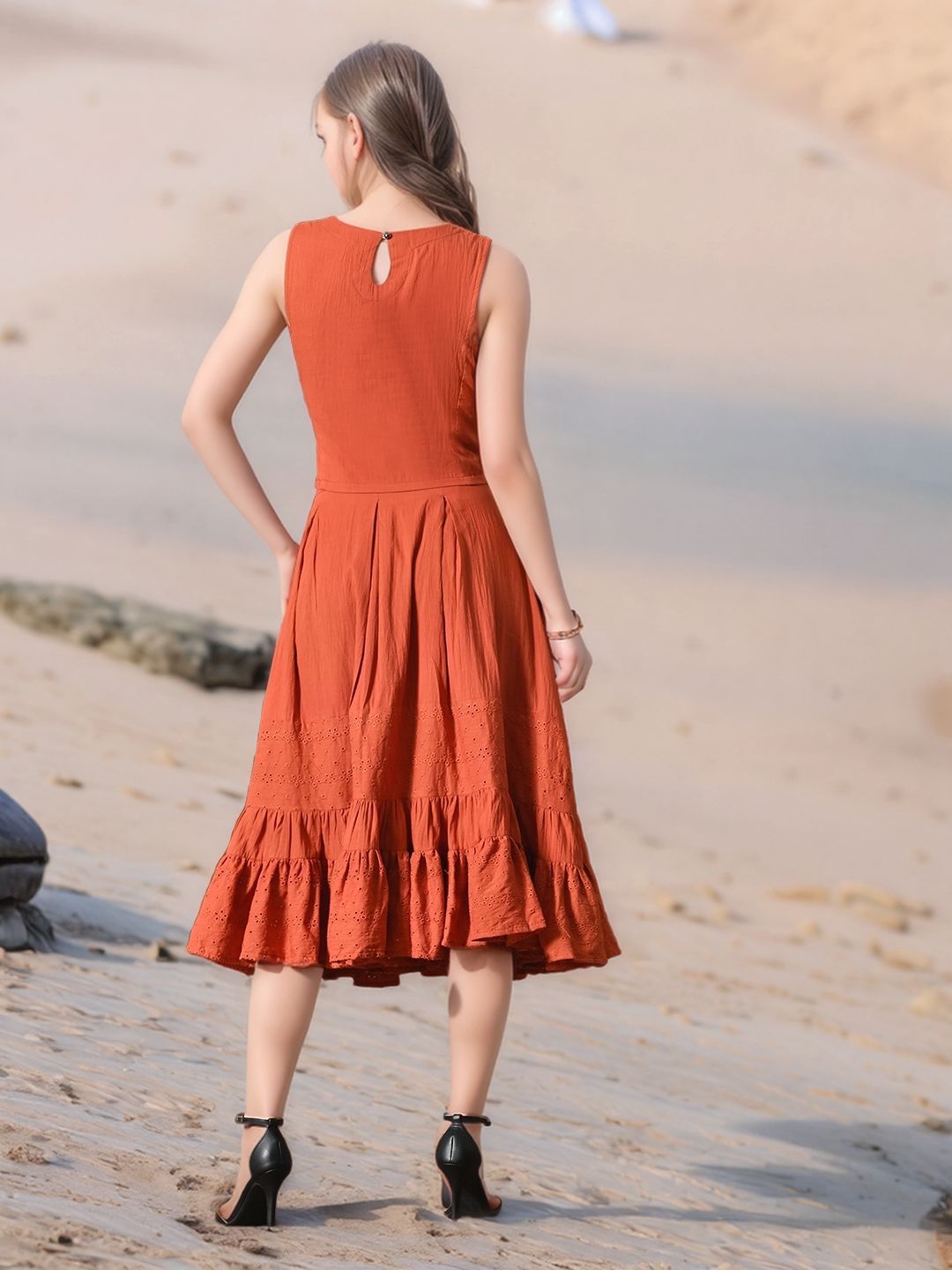 Myshka Girls Rust Pure Cotton Sleeveless Schiffli Top and Flared Skirt | Grocsy