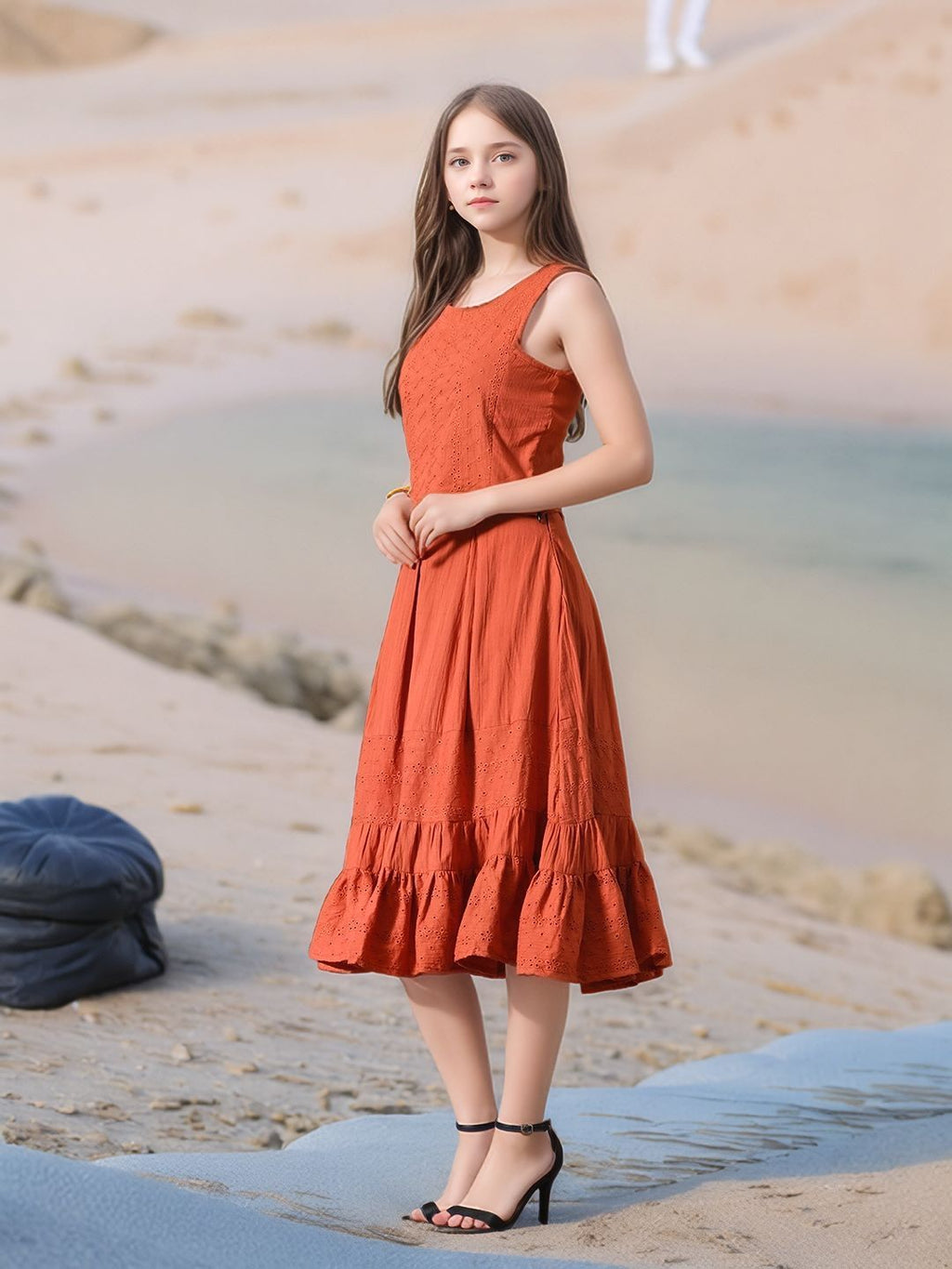 Myshka Girls Rust Pure Cotton Sleeveless Schiffli Top and Flared Skirt | Grocsy