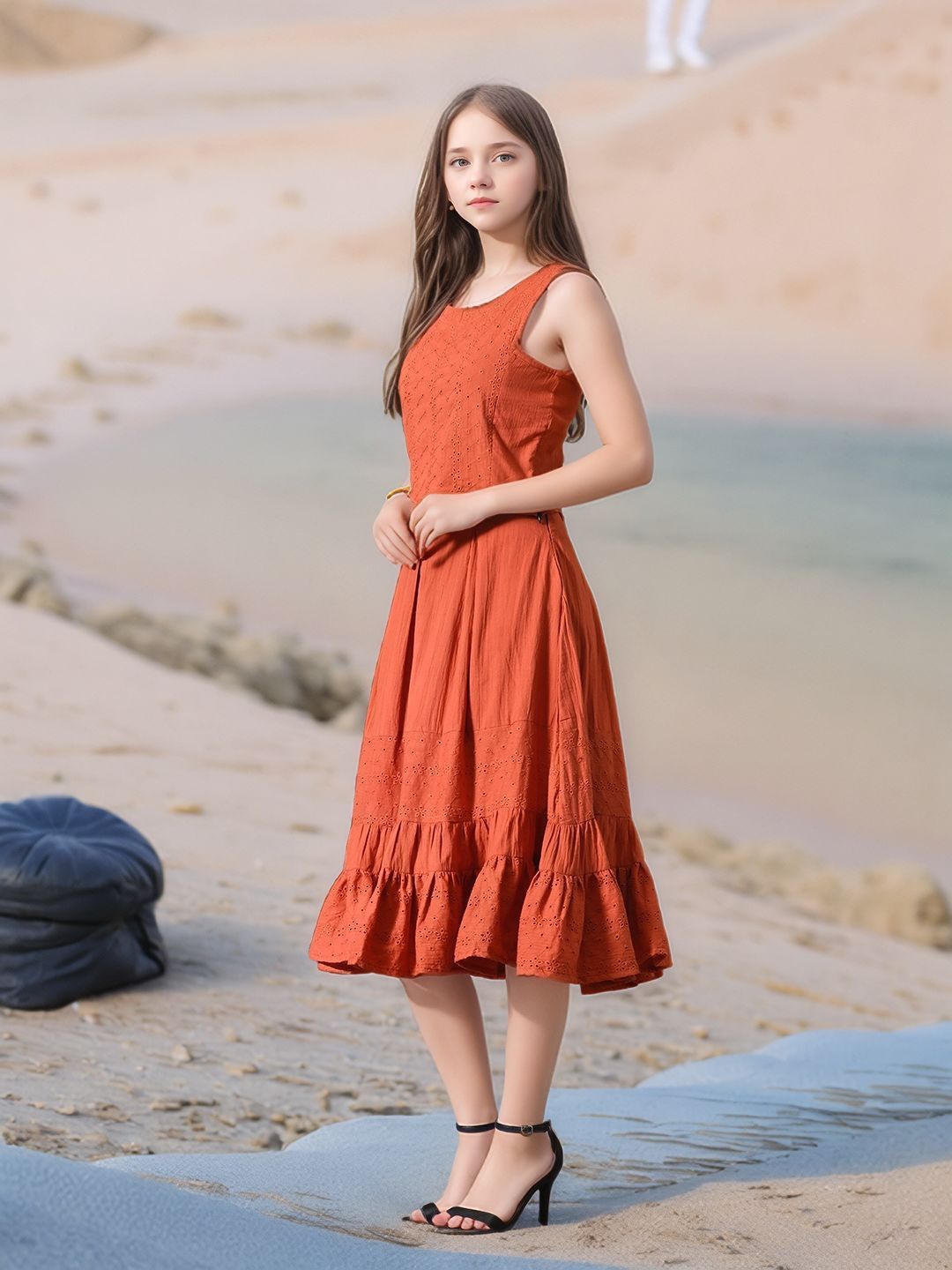 Myshka Girls Rust Pure Cotton Sleeveless Schiffli Top and Flared Skirt | Grocsy