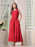 Myshka Girls Maroon Pure Cotton Sleeveless Schiffli Top with Flared Trouser | Grocsy