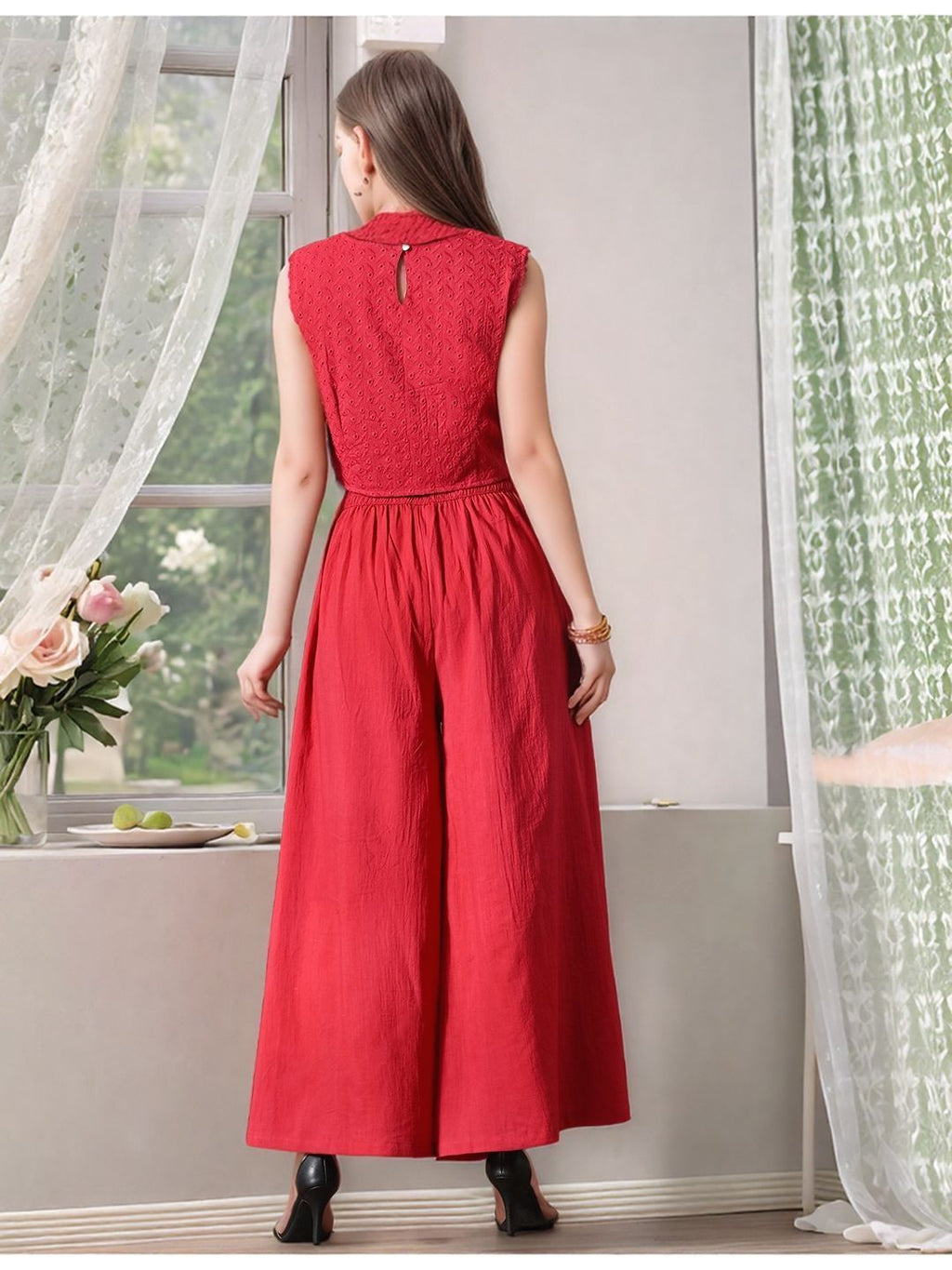 Myshka Girls Maroon Pure Cotton Sleeveless Schiffli Top with Flared Trouser | Grocsy
