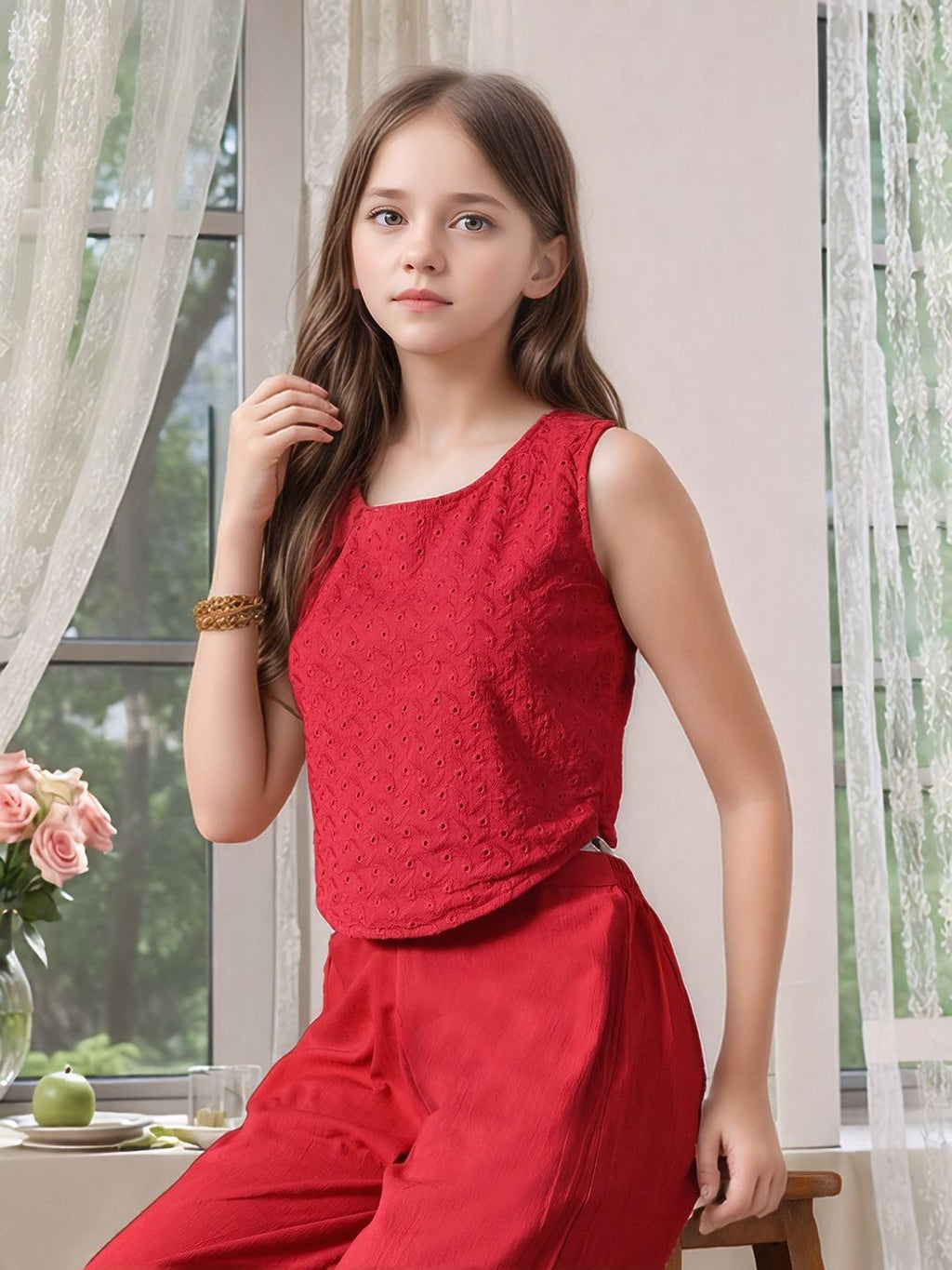 Myshka Girls Maroon Pure Cotton Sleeveless Schiffli Top with Flared Trouser | Grocsy