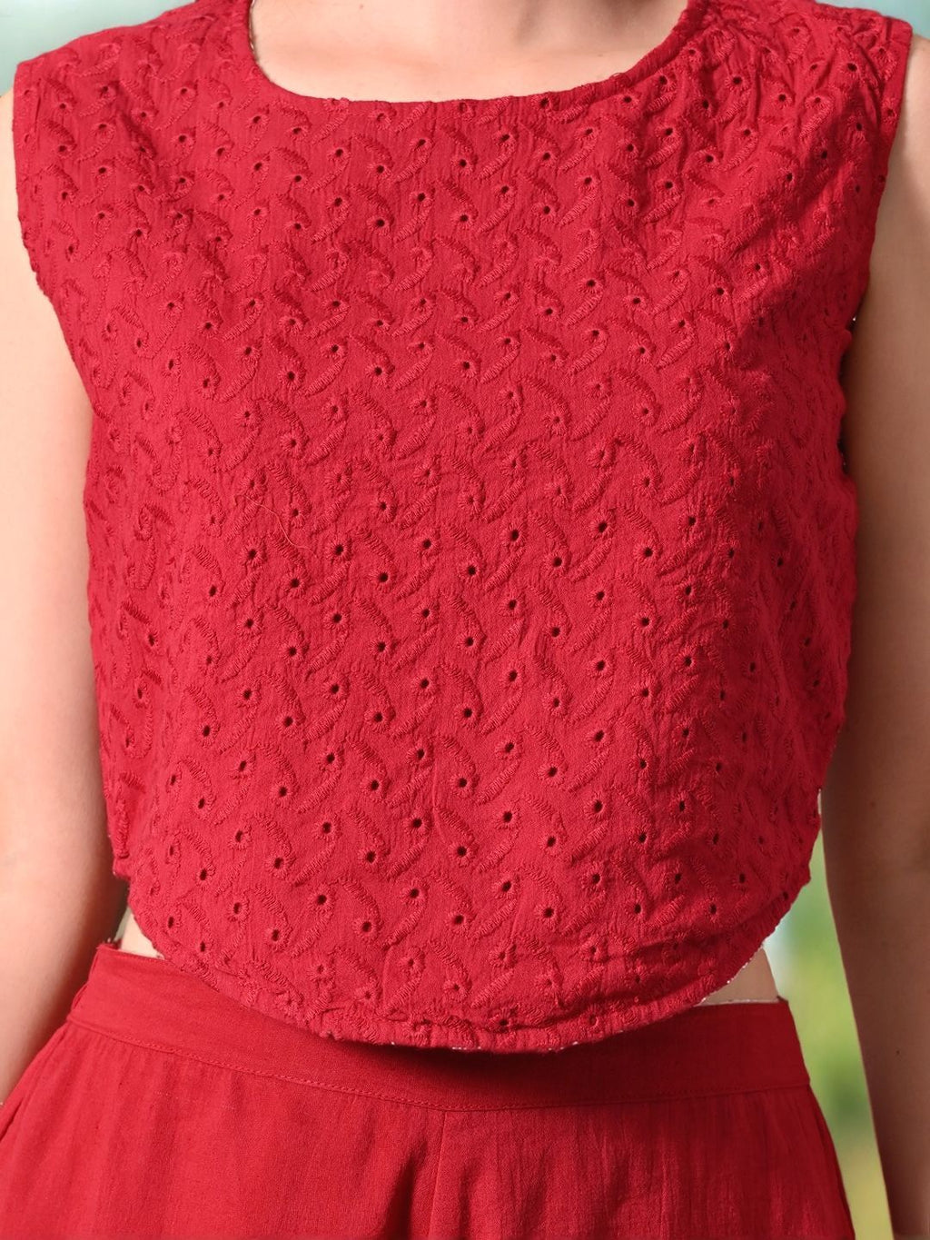 Myshka Girls Maroon Pure Cotton Sleeveless Schiffli Top with Flared Trouser | Grocsy
