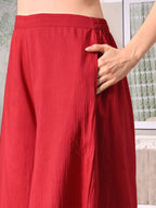 Myshka Girls Maroon Pure Cotton Sleeveless Schiffli Top with Flared Trouser | Grocsy