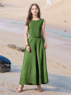 Myshka Girls Green Pure Cotton Sleeveless Schiffli Top with Flared Trouser | Grocsy