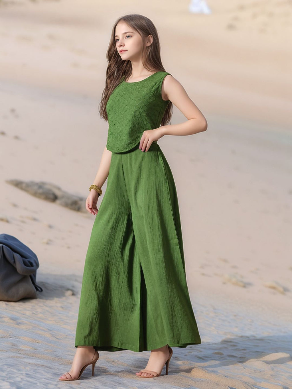 Myshka Girls Green Pure Cotton Sleeveless Schiffli Top with Flared Trouser | Grocsy