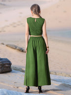 Myshka Girls Green Pure Cotton Sleeveless Schiffli Top with Flared Trouser | Grocsy