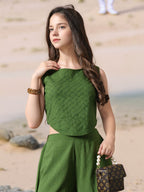 Myshka Girls Green Pure Cotton Sleeveless Schiffli Top with Flared Trouser | Grocsy