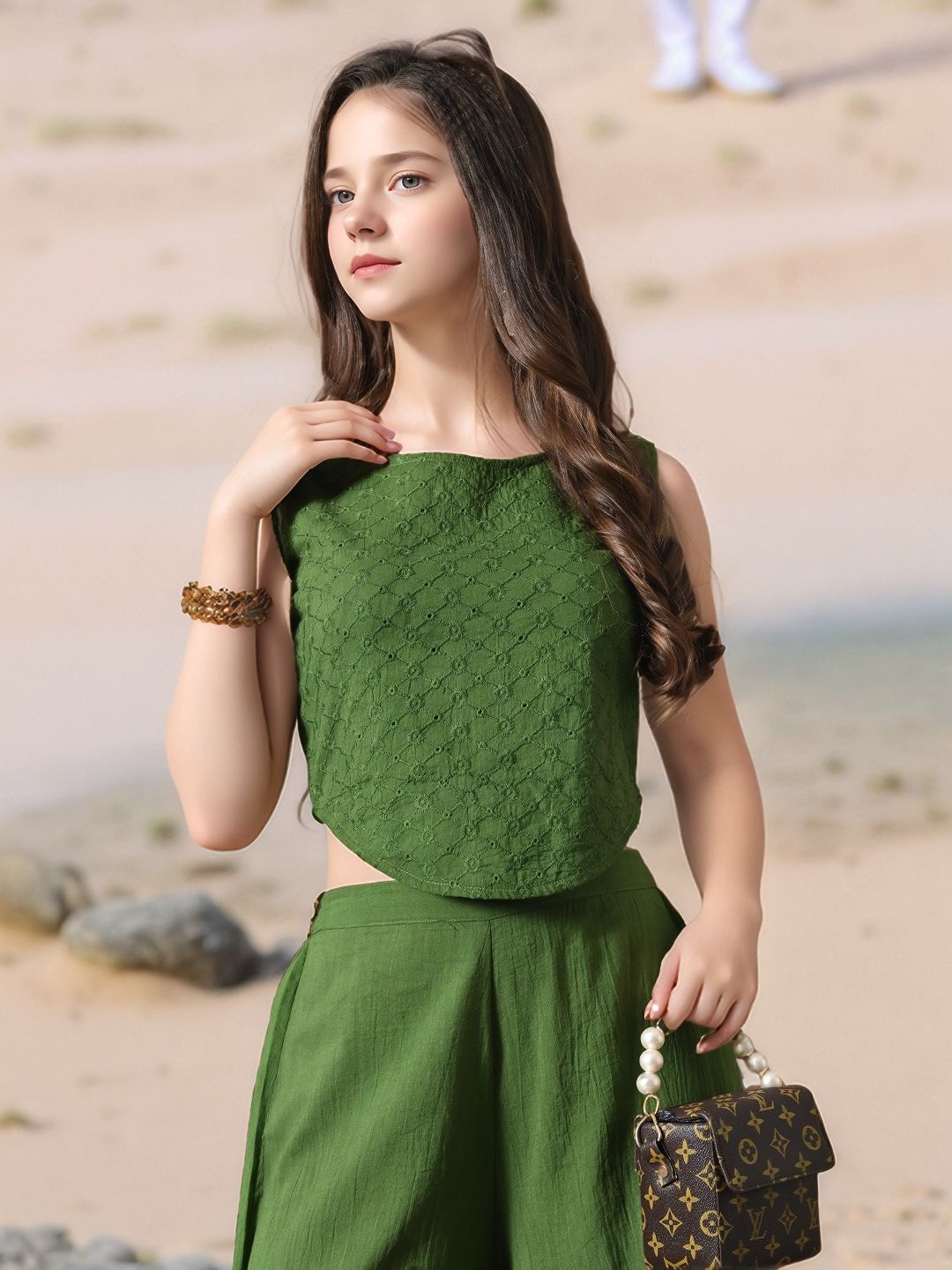 Myshka Girls Green Pure Cotton Sleeveless Schiffli Top with Flared Trouser | Grocsy