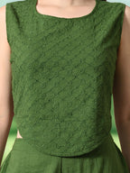 Myshka Girls Green Pure Cotton Sleeveless Schiffli Top with Flared Trouser | Grocsy