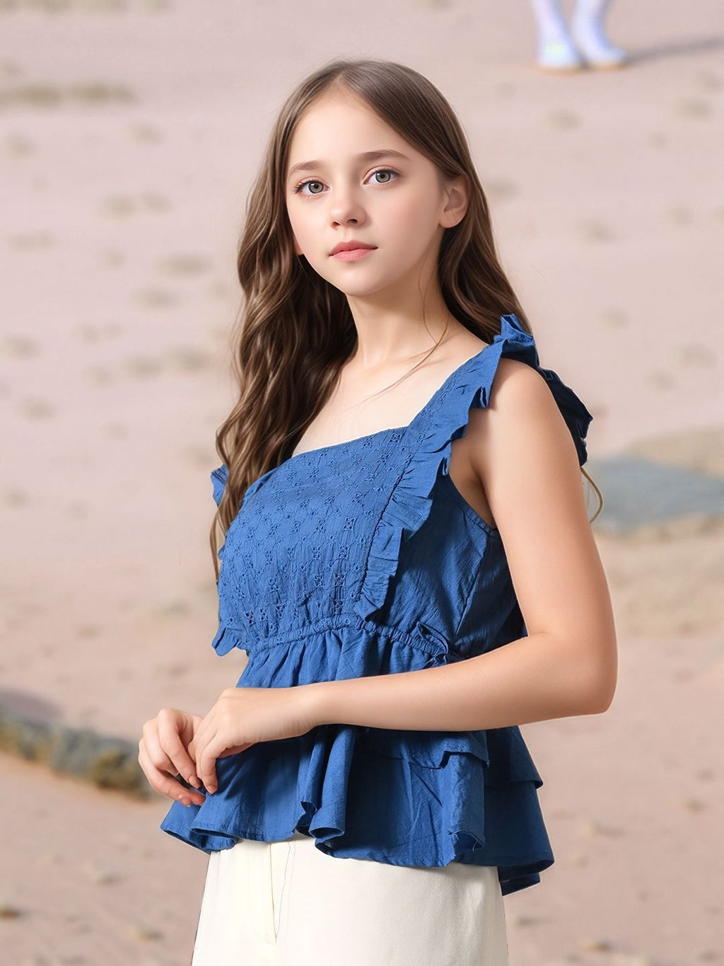 Myshka Girl Blue Pure Cotton Schiffli Flared Sleeves Tiered Top | Grocsy