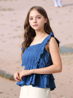 Myshka Girl Blue Pure Cotton Schiffli Flared Sleeves Tiered Top | Grocsy