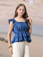 Myshka Girl Blue Pure Cotton Schiffli Flared Sleeves Tiered Top | Grocsy