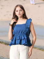Myshka Girl Blue Pure Cotton Schiffli Flared Sleeves Tiered Top | Grocsy